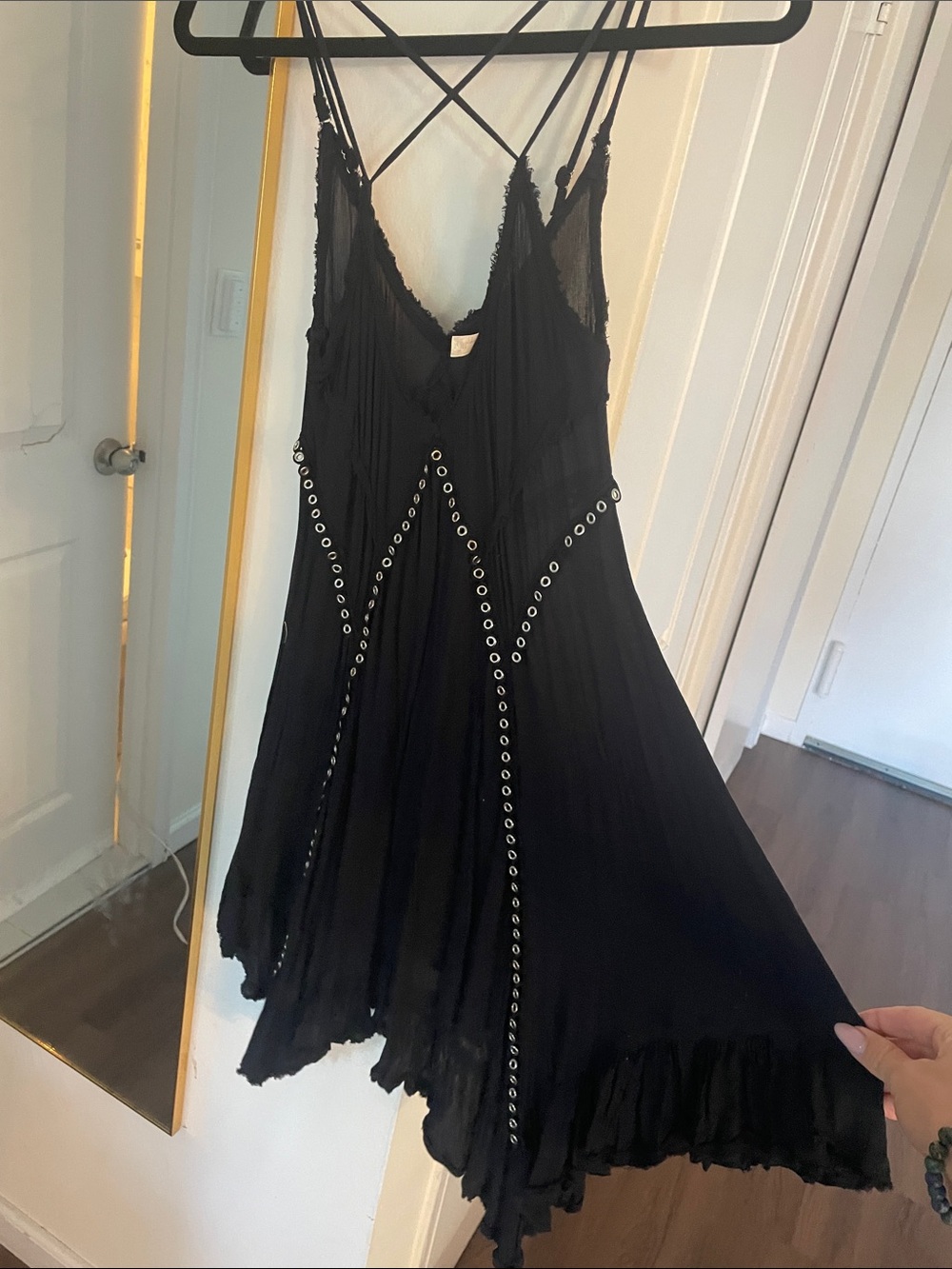 Black Eyelet-Trim Mini Slip Dress with Strappy Back